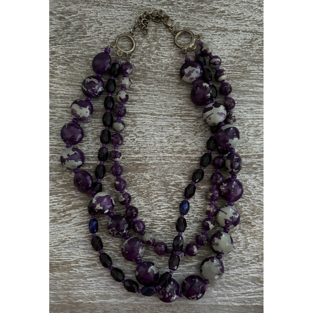Purple Beaded Necklace Amethyst Gray Layered Multi-Strand Chunky Statement